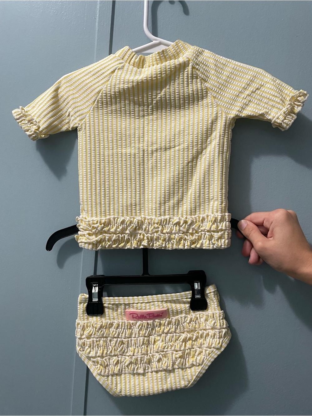 Ruffle Butts Yellow and White Striped Rash Guard Set